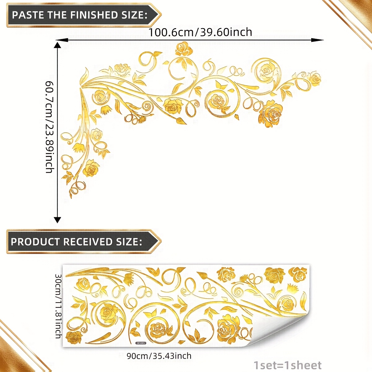 Image of *90cm Golden-foiled Rose Floral Vine Wall Sticker For Living Room, Bedroom, Bathroom, Home Background Decoration Tj031-zc