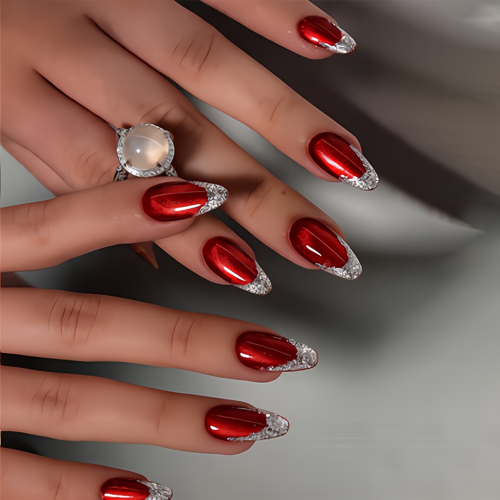 TEMU 30pcs Medium Almond Press On Nails, Glossy Wine Cat Eye Fake Nails With Silver Crushed Glitter Slant Diagonal French Tip, Reusable Full Cover