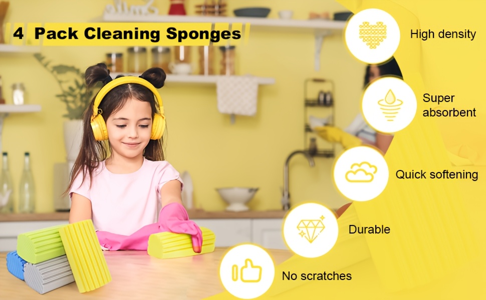 4pcs damp dusting sponge yellow household clean sponges duster for cleaning baseboards blinds vents window trunk scrub   eraser reusable wet sponges cleaning supplies tool details 0