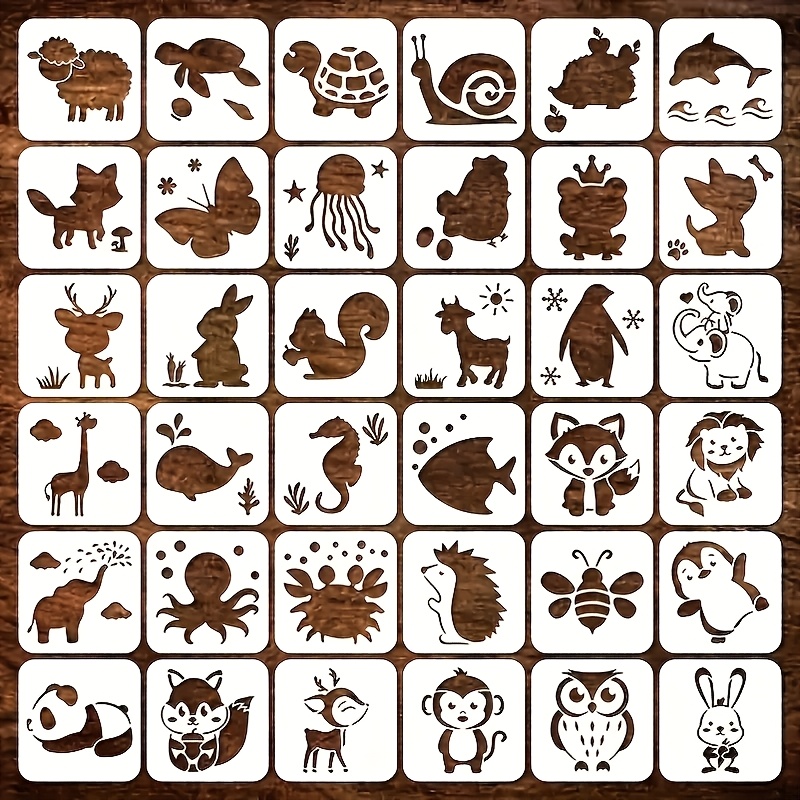 TEMU Set di 36 stencil per pittura con motivo di animali selvatici, creature sottomarine, animali della foresta e piccole creature, modelli traforati