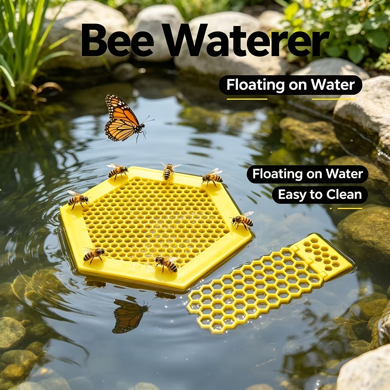 TEMU [bee Waterer Set] Honeycomb Bee Waterer Set (2pcs: 1 Hexagon And 1 Foldable) | Floating Bee Drinking Station | Durable Plastic For Garden And