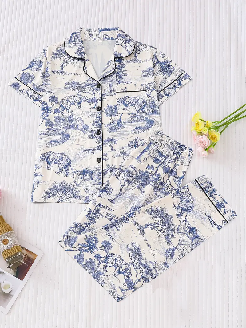 elegant womens sleepwear set pieces featuring full body printed patterns knitted fabric long sleeved button up top with long pants for comfortable wearing collar and pocket details suitable for womens adult sleepwear set Product details 0