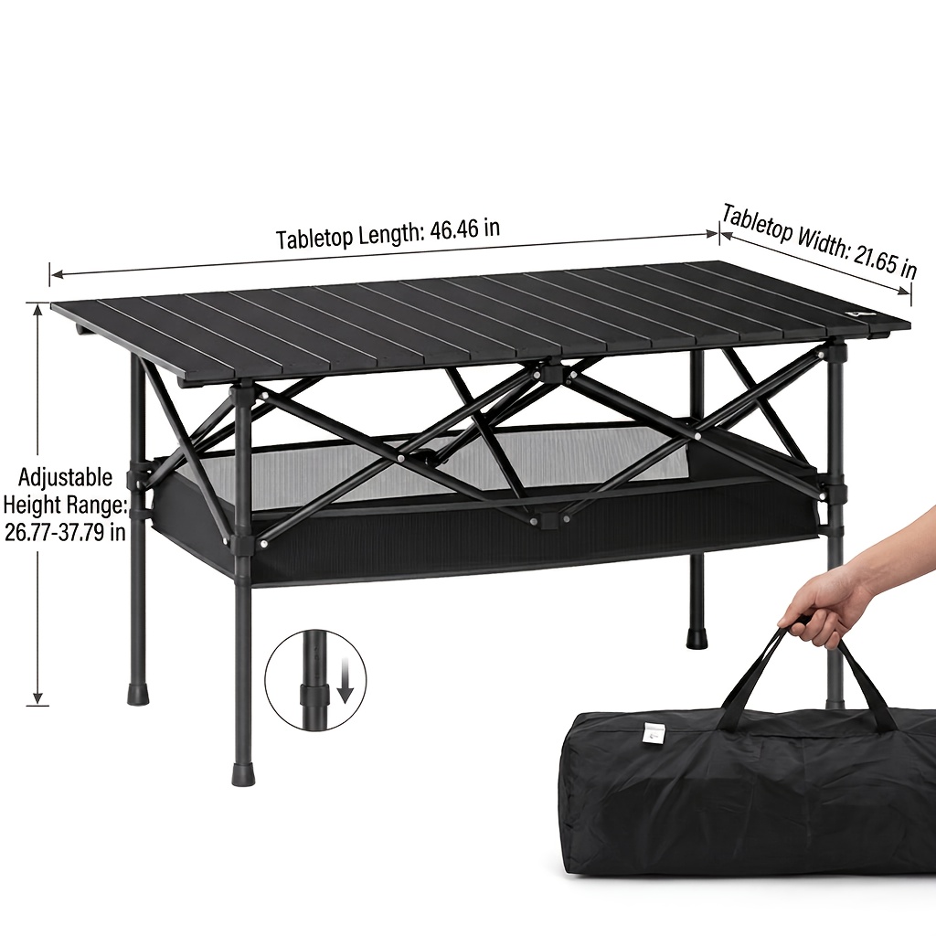 Aoran Portable Foldable Table With Adjustable Height And Mesh Storage, Roll Up Outdoor Camping Table With Carry Bag For Picnic, Beach, Bbq And Outdoor