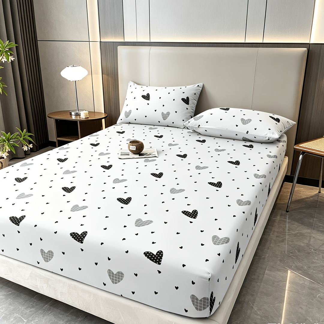 White Background Black Heart Fitted Sheet Set | Symbol Of Pure & Love, Romantic Classic Cozy Bedding (fitted Sheet + Pillowcases)