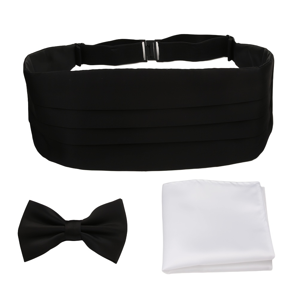 TEMU Men's Adjustable Dress Waistcoat, Bow Tie, And Pocket Square 3pcs Set In Black And White Satin For Banquets, Weddings, Parties, And Annual
