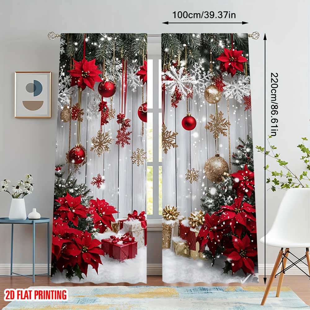 TEMU 2d Flat - 2d Flat - 2d Flat, 2pcs Christmas Snow Print Curtains, Rod Pocket Installation, Study Room, , Cozy Bedroom, Stylish Living Room,