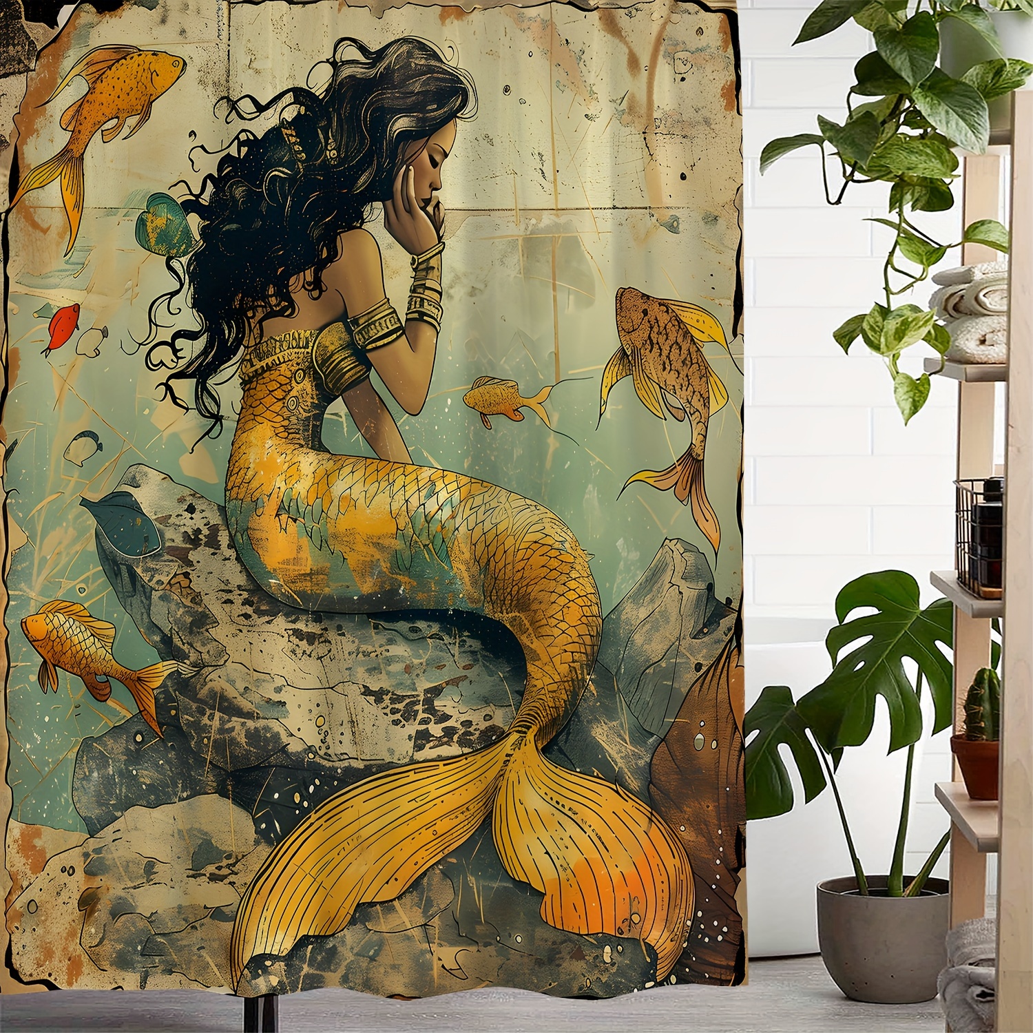 

Mermaid Print Waterproof Shower Curtain With 12 Hooks, Polyester Woven Fabric, Artistic Design, Water-resistant With Machine Washable Operation/instruction, Includes Accessory Hook, Varied Patterns