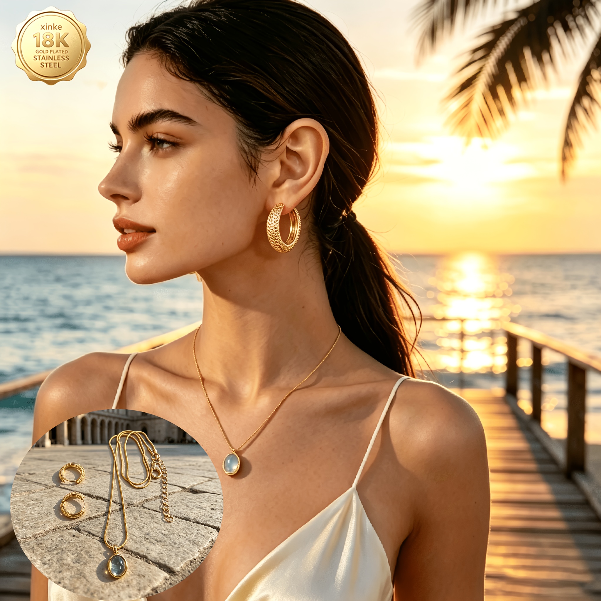 18K Gold Plated Women's Easy Necklace and Earrings Set