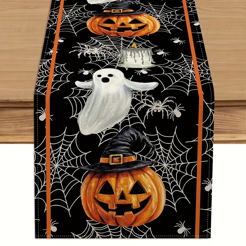 Image of 1pc Linen Web Pumpkin Lantern Wizard Hat Candles Halloween Table Runner - Festival Party Decoration, Ideal For Home, Restaurant, Kitchen, Outdoor Gatherings 13x48/13x72/13x108 Inch