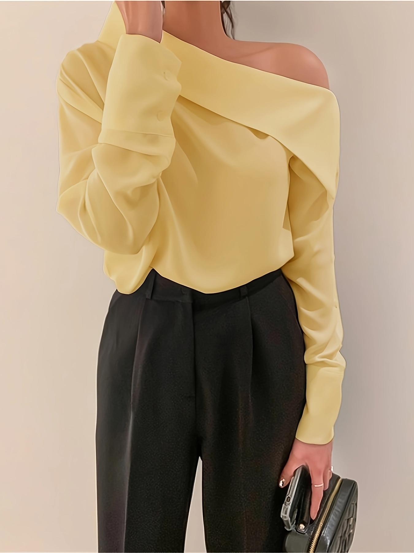 women's elegant shoulder long sleeve shirt solid black Temu