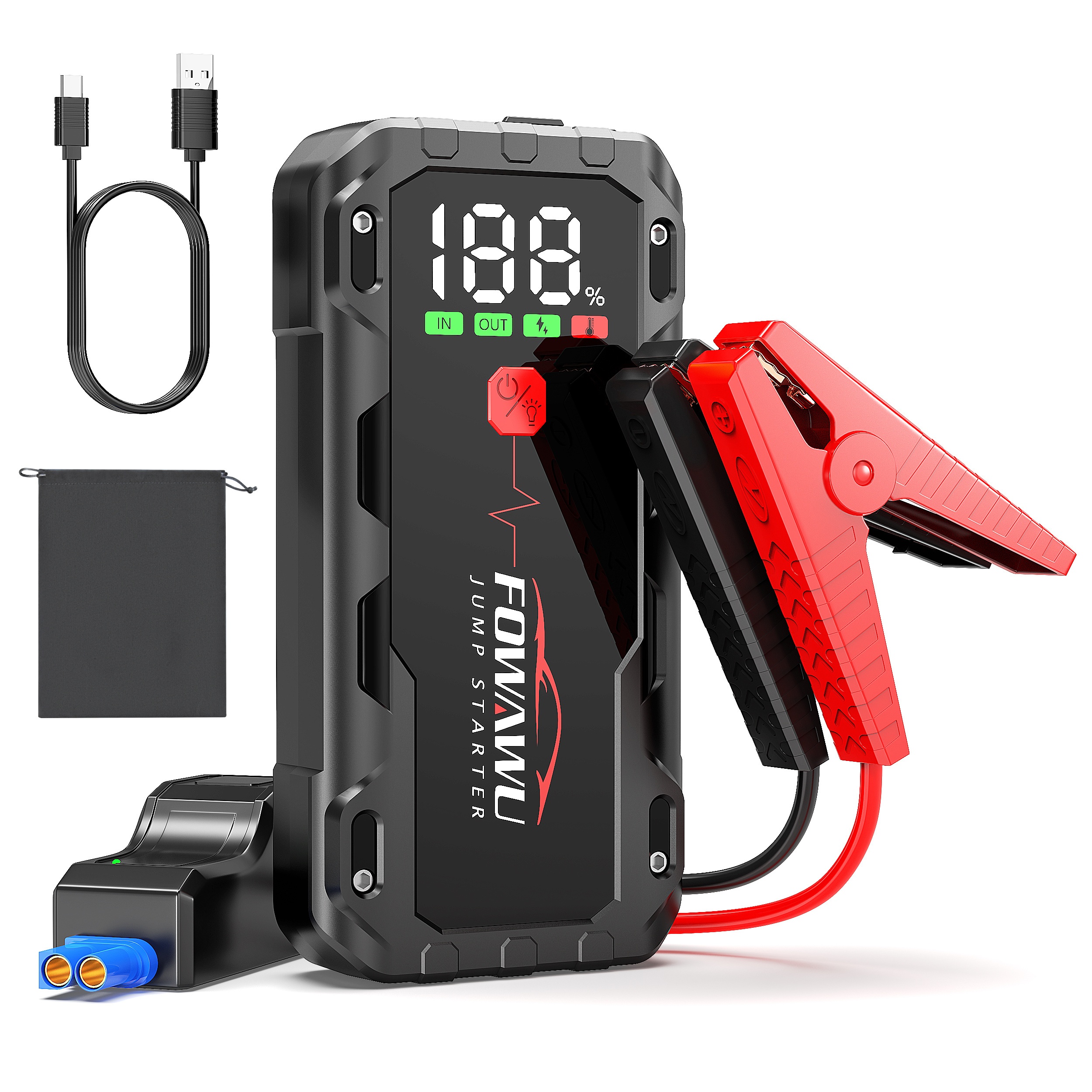 TEMU FOWAWU 6000A Avviatore di Emergenza per Veicoli e Moto 12V, Power Pack Avviatore Batteria Auto, Booster Batteria Jumper, 5*3.5Cm e Torcia LED,