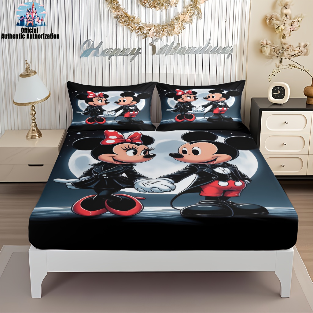 Official Store] 3pcs Fitted Sheet Set Mickey & Minnie Moonlight Silhouette, Classic Cartoon Couple's Romantic Date Night Theme Art Patterns, Soft Three-Piece Bedding with Mattress Protector, 2* Pillowcases + 1* Elasticized Flat Sham Included, Couple's Bedroom, Bedroom Decor, Playful Patterns, Themed Sheets, Machine Washable, Durable Bedding, Pillowcase Set, Mattress Protector Included, College Students, Fans