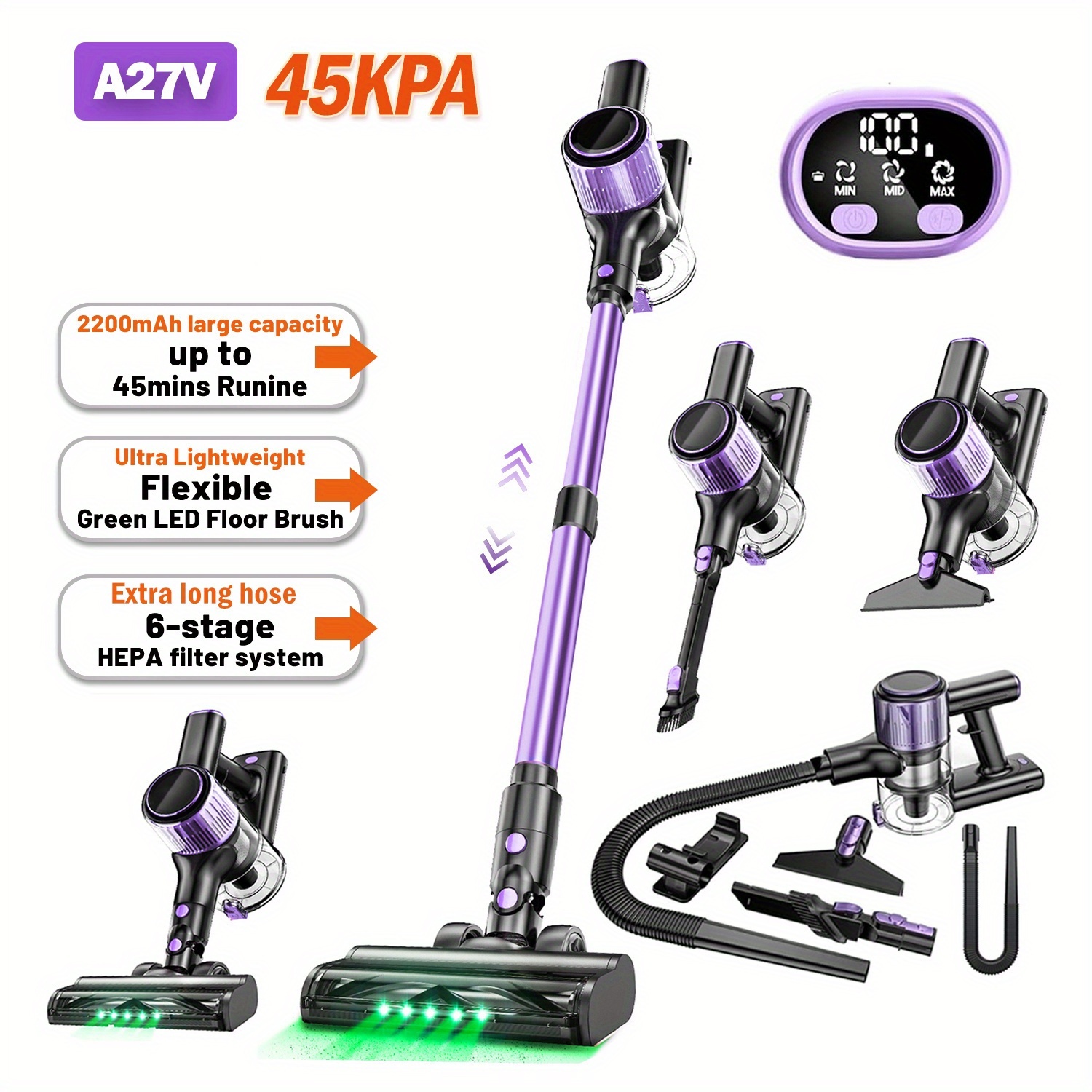 TEMU Cordless Vacuum Cleaner, 10in 1 Powerful Stick Vacuum, With Anti- Brush And Upgraded Green Light, 45 Mins Rechargeable Lightweight Vacuums For Hardwood Floor, Carpet, Pet Hair.
