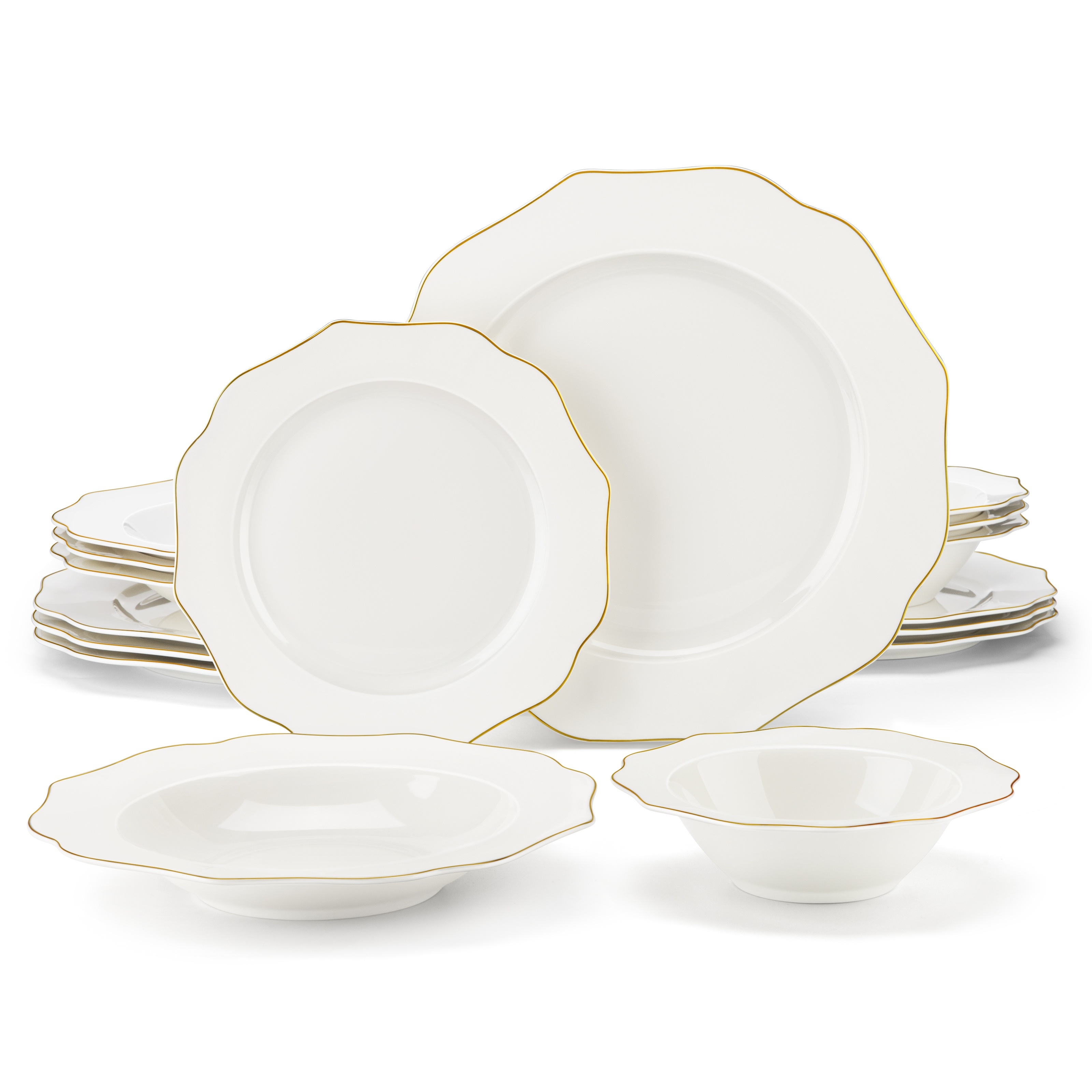 E-shop 16-teiliges Geschirrset für 4 Personen, Bone-China-Essservice, runde weiße Teller