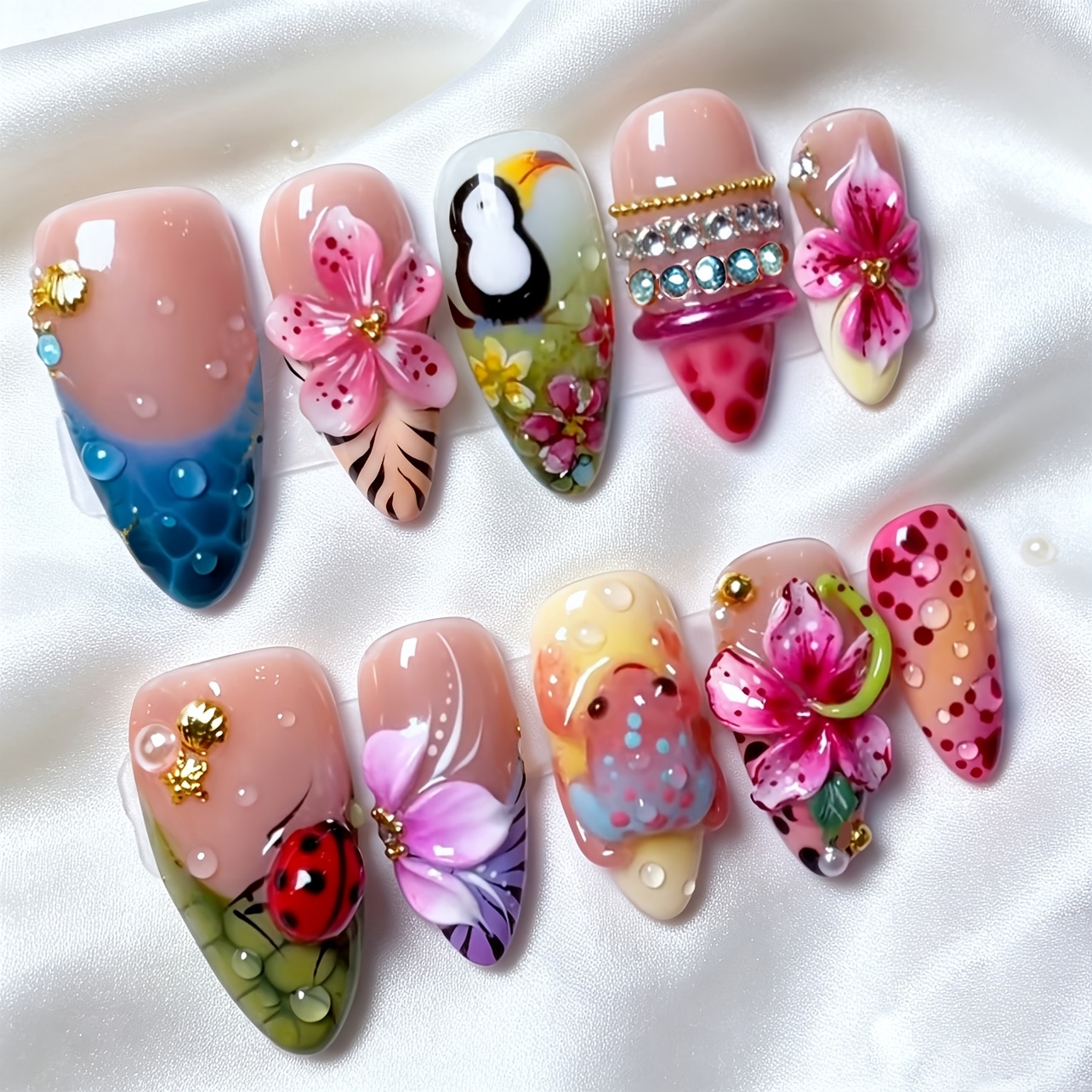 TEMU 10pcs Whimsical Almond Press-on Nails, Hand-painted Ladybug Floral Print Fake Nails With Rhinestones & Metal Charms, Reusable Glue-on Nails For