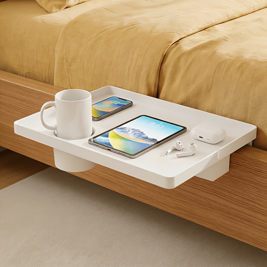 Upright Bedside Storage Rack, Bedside Storage Tray, Bedside Table With Deep Cup Holder, Bed Edge Storage Rack With Drilled Holes, Suitable For Bedrooms, Dormitory Beds, Sofas, And Living Room Tables