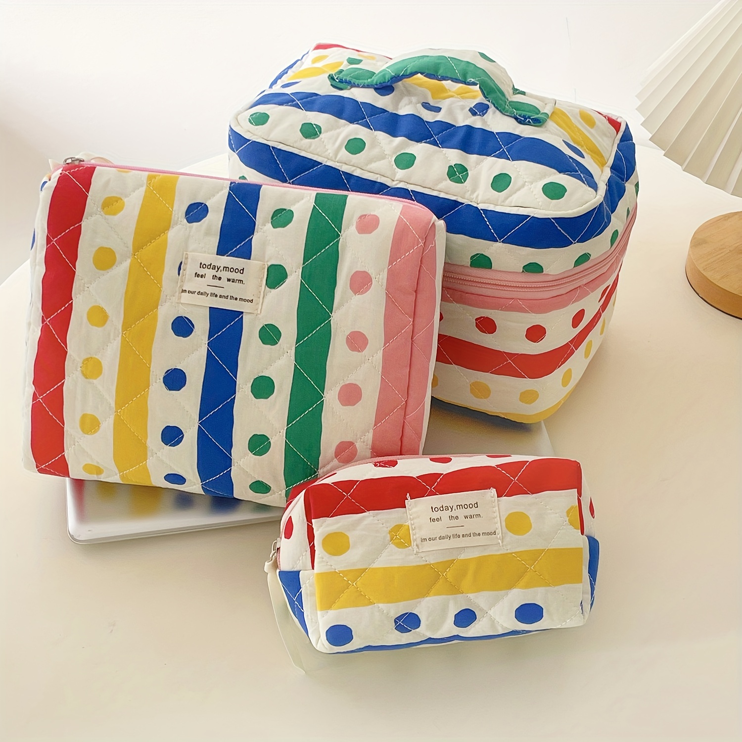 

3pcs/set Rainbow Polka Dot Makeup Bag Cartoon Color Contrast Large Capacity Toiletry Bag Makeup Storage Clutch Bag Wrist Bag