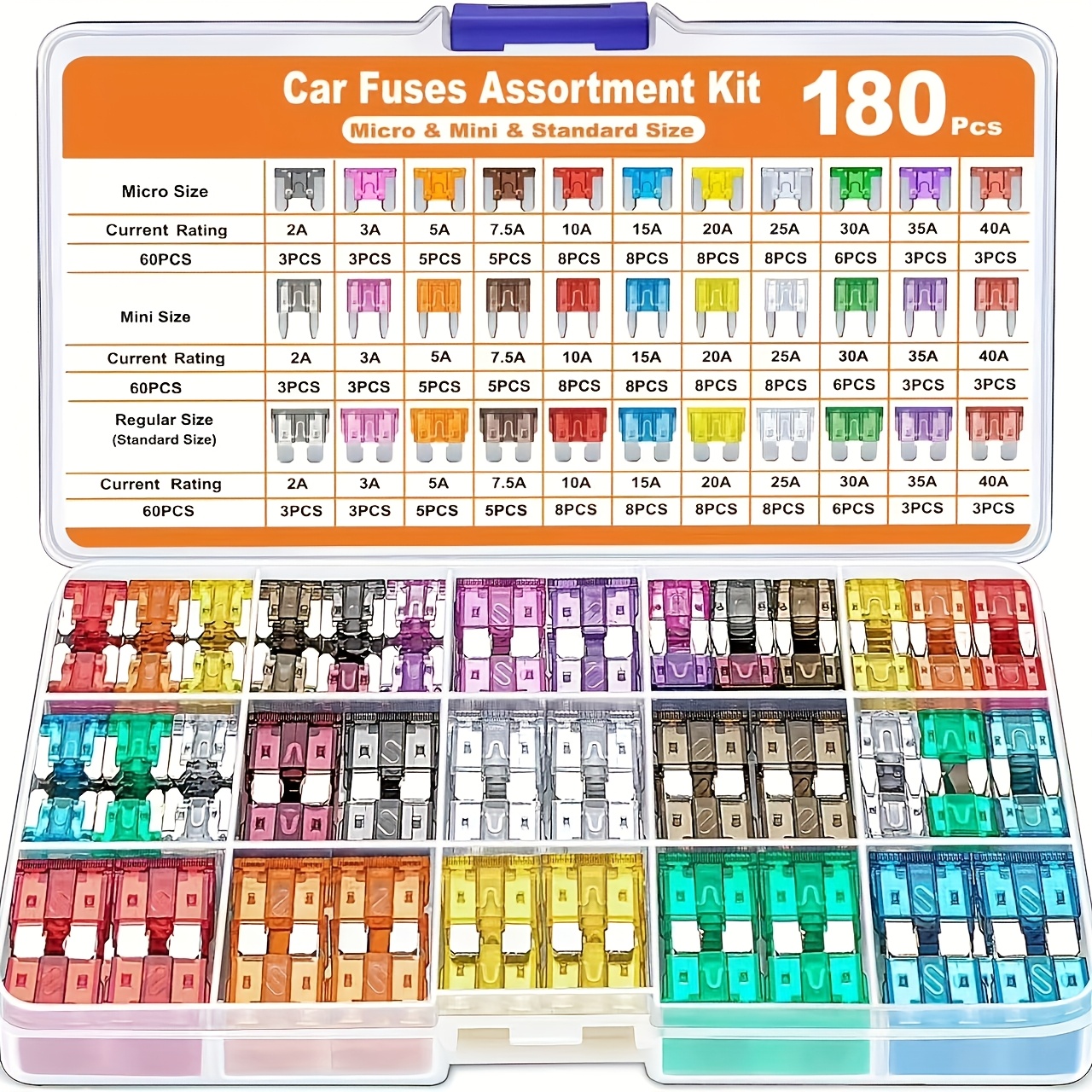 

A Car Fuse Kit Containing 182 Mini Blade Fuses, 98 Standard Automotive Fuses, Fuse Puller, Suitable For Cars, Rvs, Trucks, And Motorcycles.