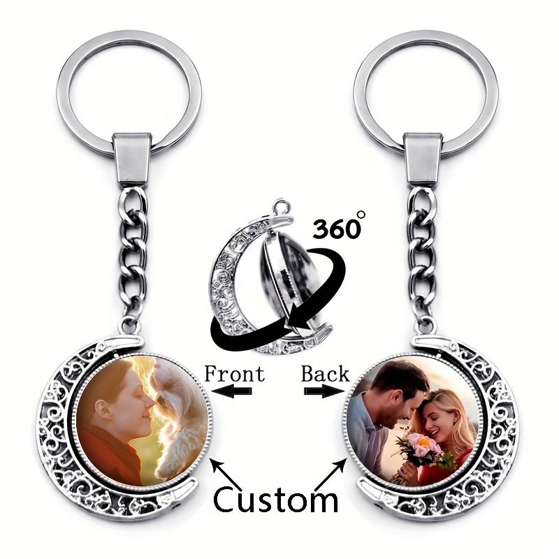 изображение предмета индивидуальный винтажный двусторонний вращающийся стеклянный брелок с луной и любыми двумя фотографиями в подарок, модная подвеска для сумки