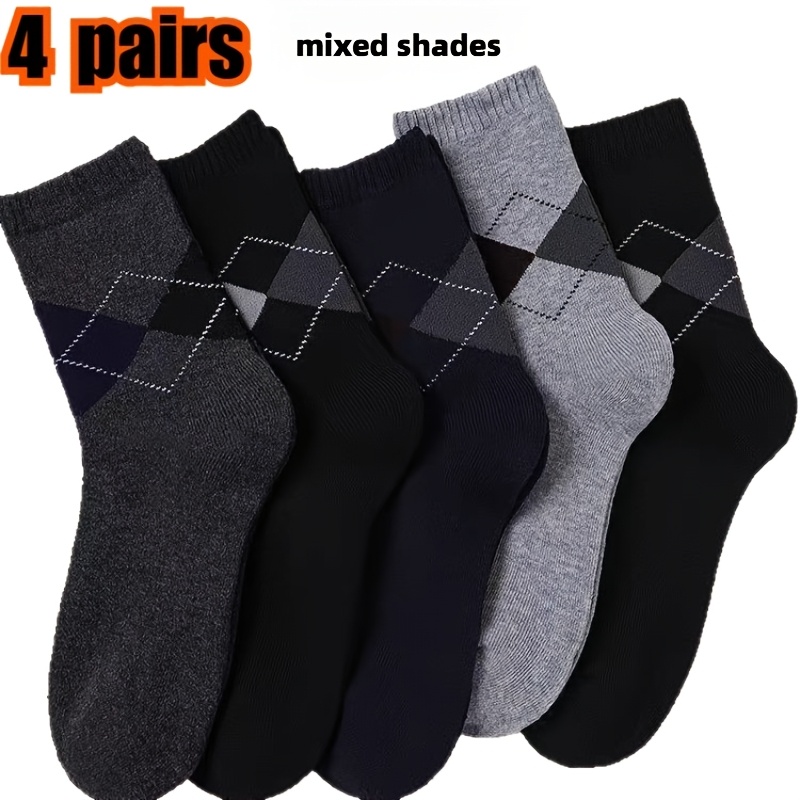 TEMU 4-pair Men's Socks, Socks, Men's Spring/summer Rhombus Socks, Comfortable And Breathable Long Socks For Spring/summer, Elderly Socks, Men's