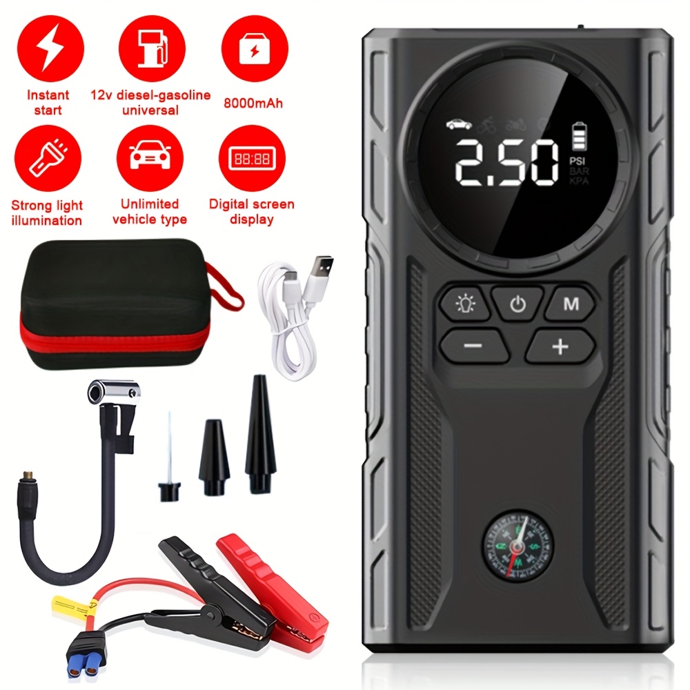 5 in 1 portable car jump starter kit air compressor tire inflator 3 mode led flashlight power bank lcd display ideal wireless emergency battery charger for on the go use  