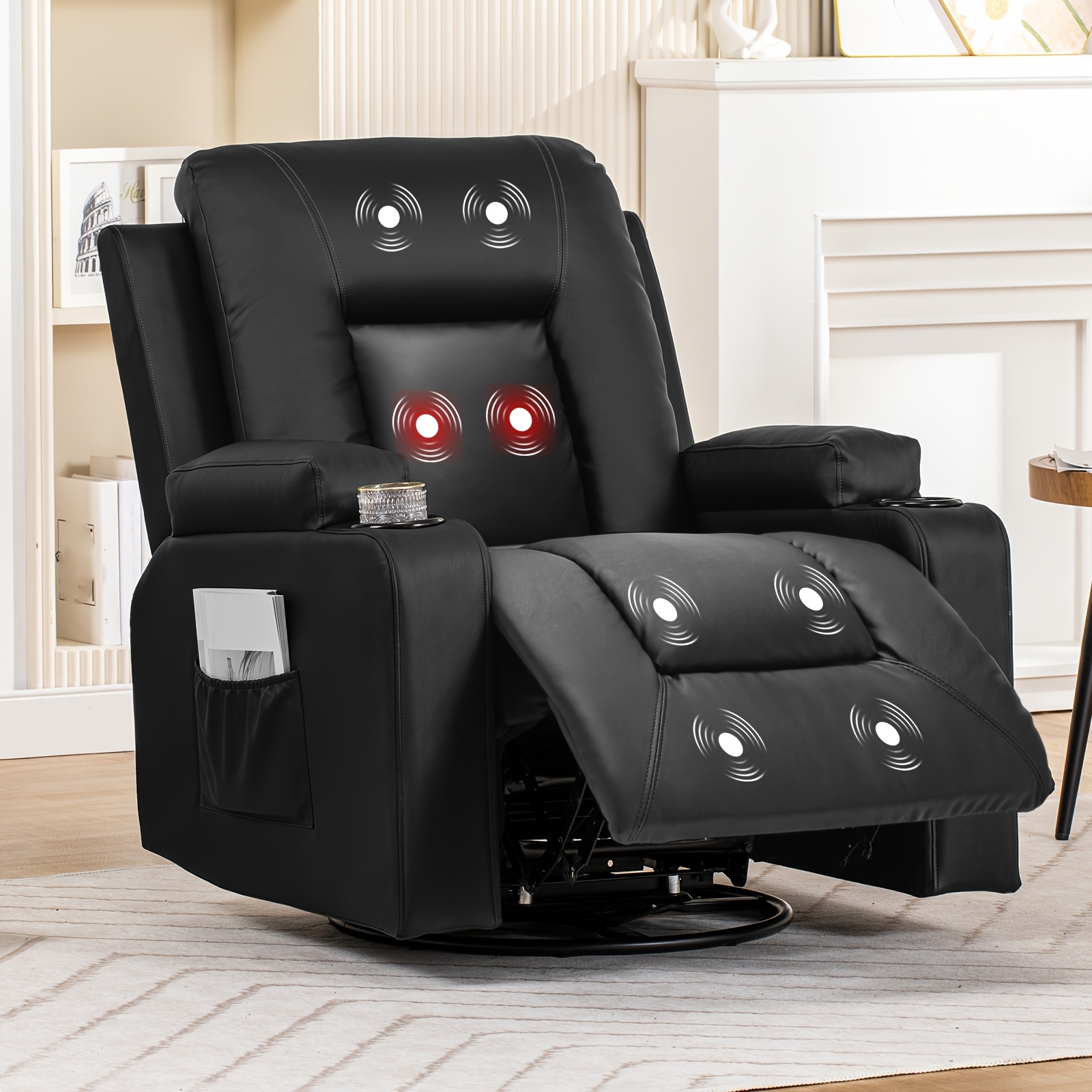 Adult Recliner PU Rocking Chair, Swivel Recliner With Cup Holder, Heating  And Massage, Single Sofa Seat With Side Pockets, Suitable For Living Room, B