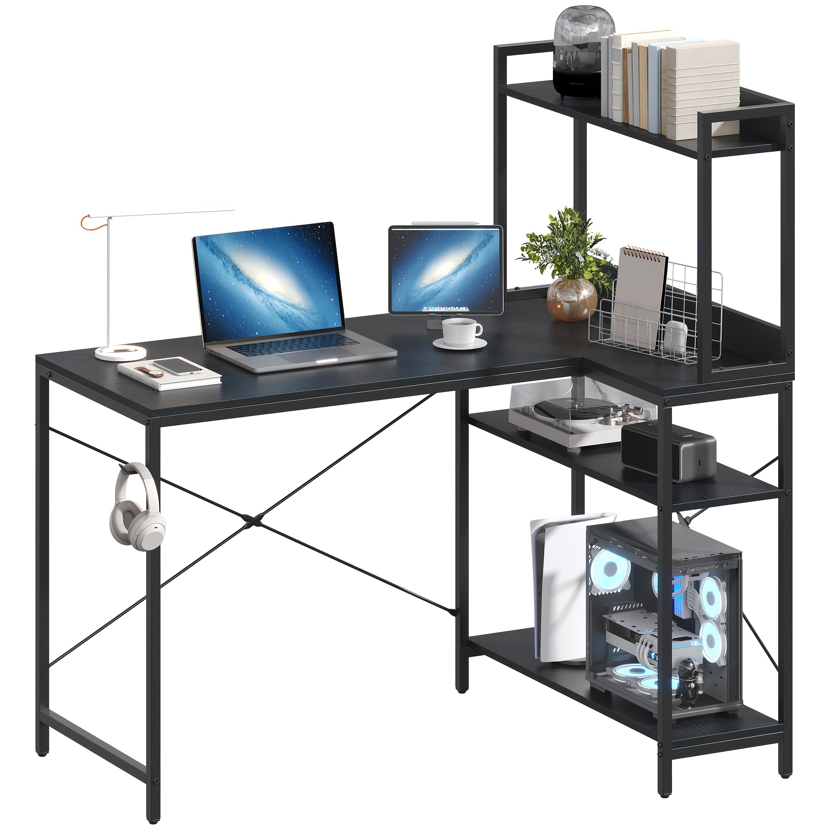 TEMU L-shaped Gaming Desk 120cm, Reversible Corner Computer Desk With 3-tier Storage Shelves, Large Workstation For Home Office, Study & Gaming
