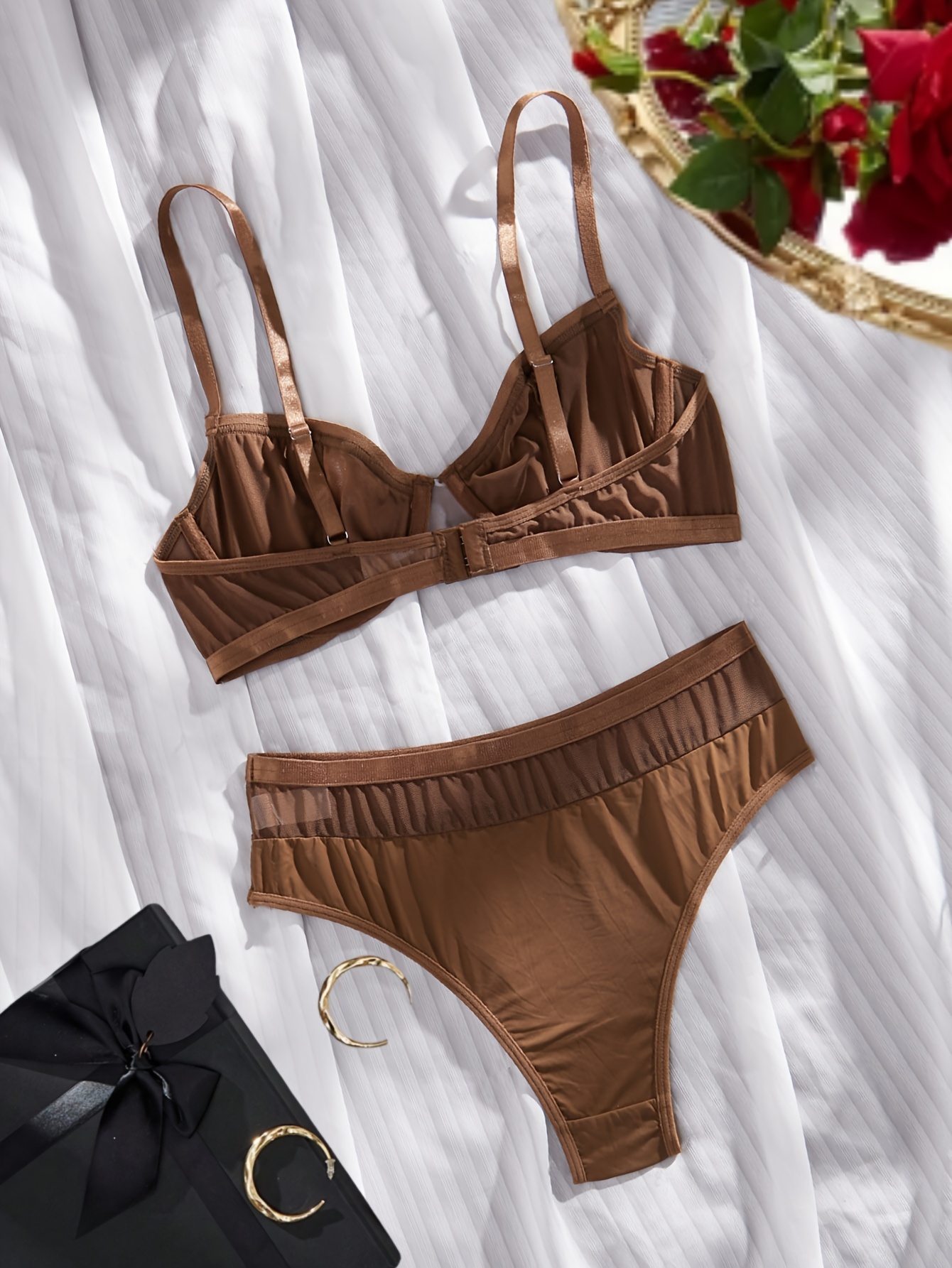 Solid Color Mesh Bra Set, Sexy Lingerie Panties, Women's Bra + Underwear Set