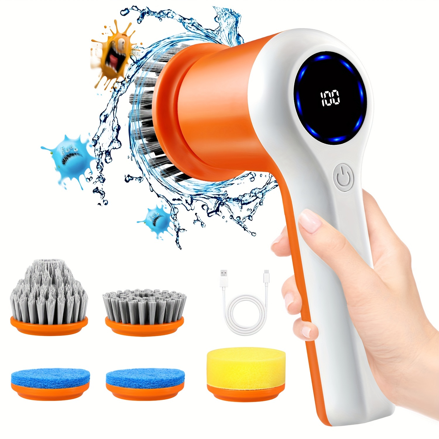 

1 Set, Electric Spin Scrubber, Rechargeable Bathroom Scrubber With Display And 5 Replaceable Brush Heads, 2 Speeds Cordless Cleaning Brush Scrubber For Bathtub, Tub, Tile, Floor