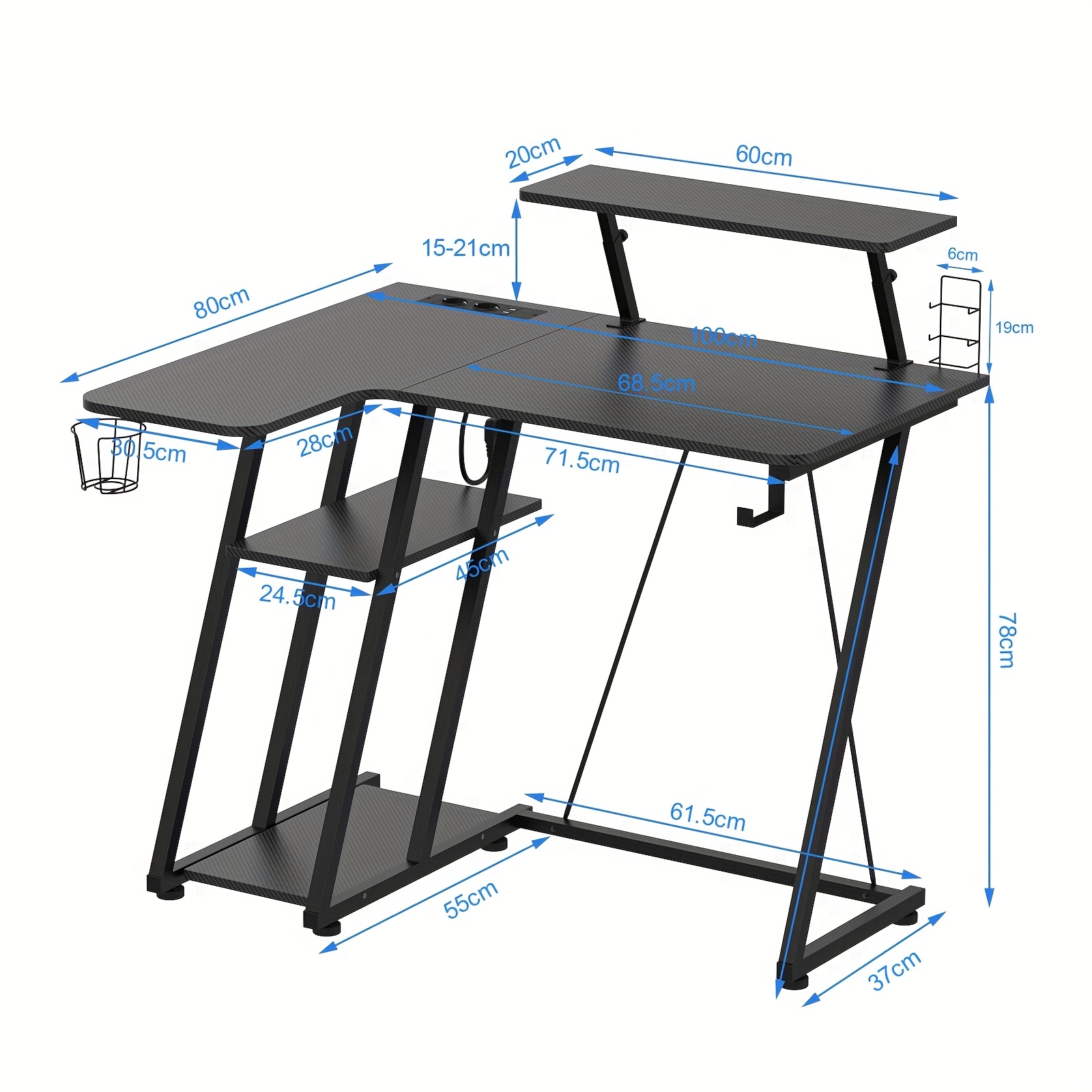 Image of Desk, 99x52x77cm Ergonomic L Shaped Computer Gaming Table With 2 Tiers Storage Shelves, Corner Gamer Desk With Monitor Stand For Small Space, Carbon Fiber Black