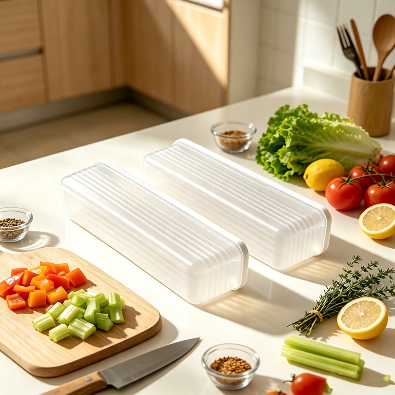 TEMU 4pcs Set (2pcs Lids And 2pcs Boxes) Multi-functional Fresh Food Storage Boxes, Transparent Plastic Material, Suitable For Storing Scallions And