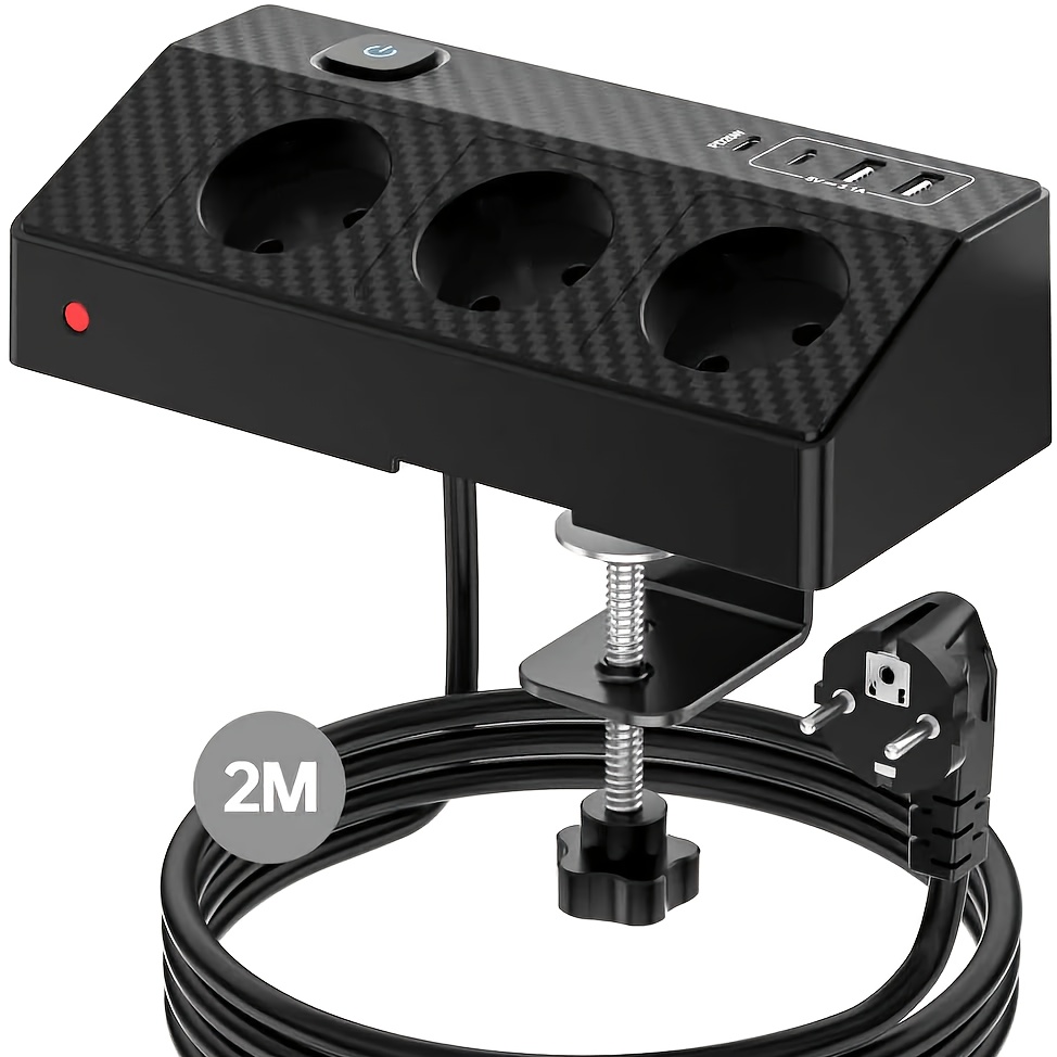 Image of 7-in-1 Multi-functional Desktop Strip With Usb-c Pd20w Fast Charging, Hafino Protection Socket Table With 2 Usb-a Ports, 3 Ac Sockets And 2-meter Extension Cord For Home And Office Use, 1pc