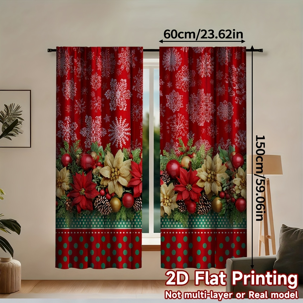 TEMU 2d Flat, 2pcs, 2d Flat Not 3d, Christmas Curtains, Christmas Theme, Red Background With Snowflakes And Christmas Garland, (no Light)polyester