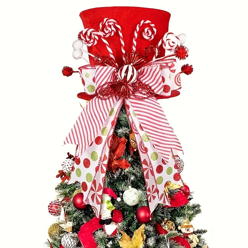 

A Christmas Tree Topper Hat With Candy Canes Decoration, Retractable Spring Bow Hat Hat - Christmas Tree Toppers (excluding Christmas Trees)