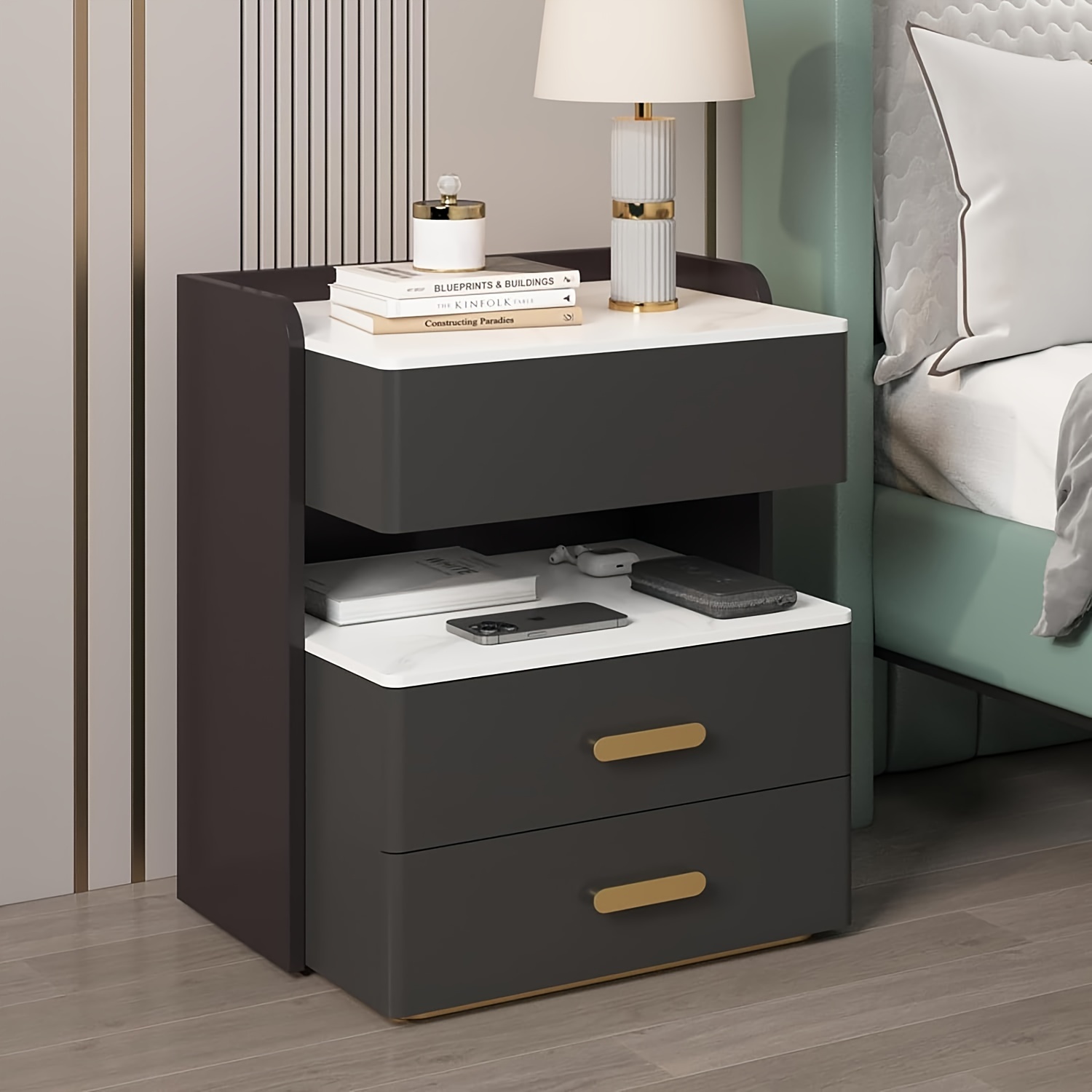 HOMIDEC Table De Chevet Lot De 2, 55 Cm De Haut Avec Cadre En Métal Et 2 Tiroirs En Tissu Grande