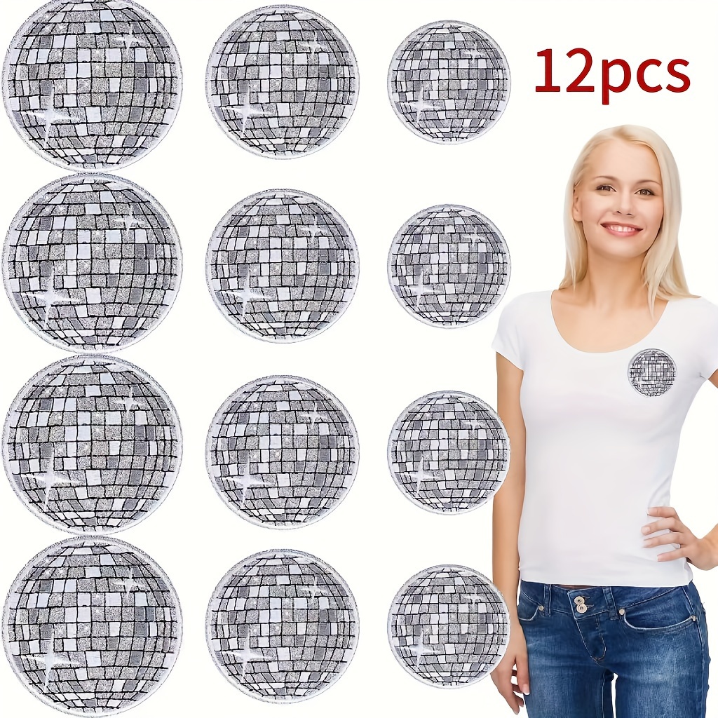 Image of 12pcs Of Silvery Disco Ball Embroidered Fabric Patches For Clothing, Shoes, Hats, Bags, And Decorations That Ironed Or Sewn On