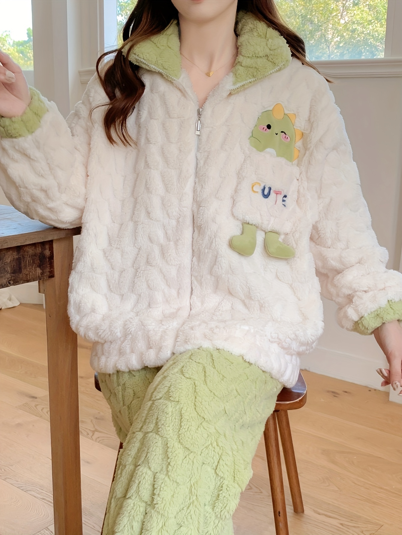 winter thickened comfortable plush pajama set, soft fleece