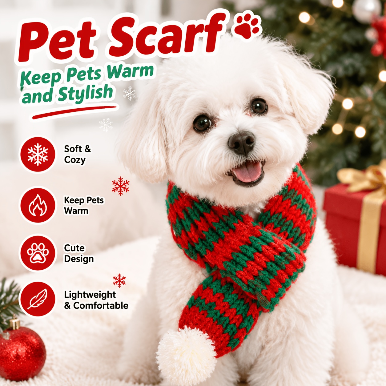 TEMU Dog Scarf For Small Medium Large Dogs, Soft Knitted Pet Winter Scarf With Cute Pom Pom, Warm Cozy Neck Wrap For Puppies Cats, Christmas Holiday