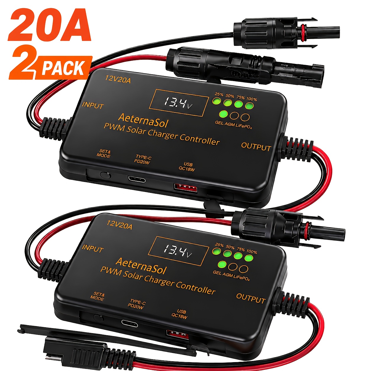 TEMU 2pcs 12v Pwm Solar Charge Controller, Solar Panel Charge Controller With Lcd Display, Type-c And Usb Output For Solar Panel, Gel, Agm, Lithium