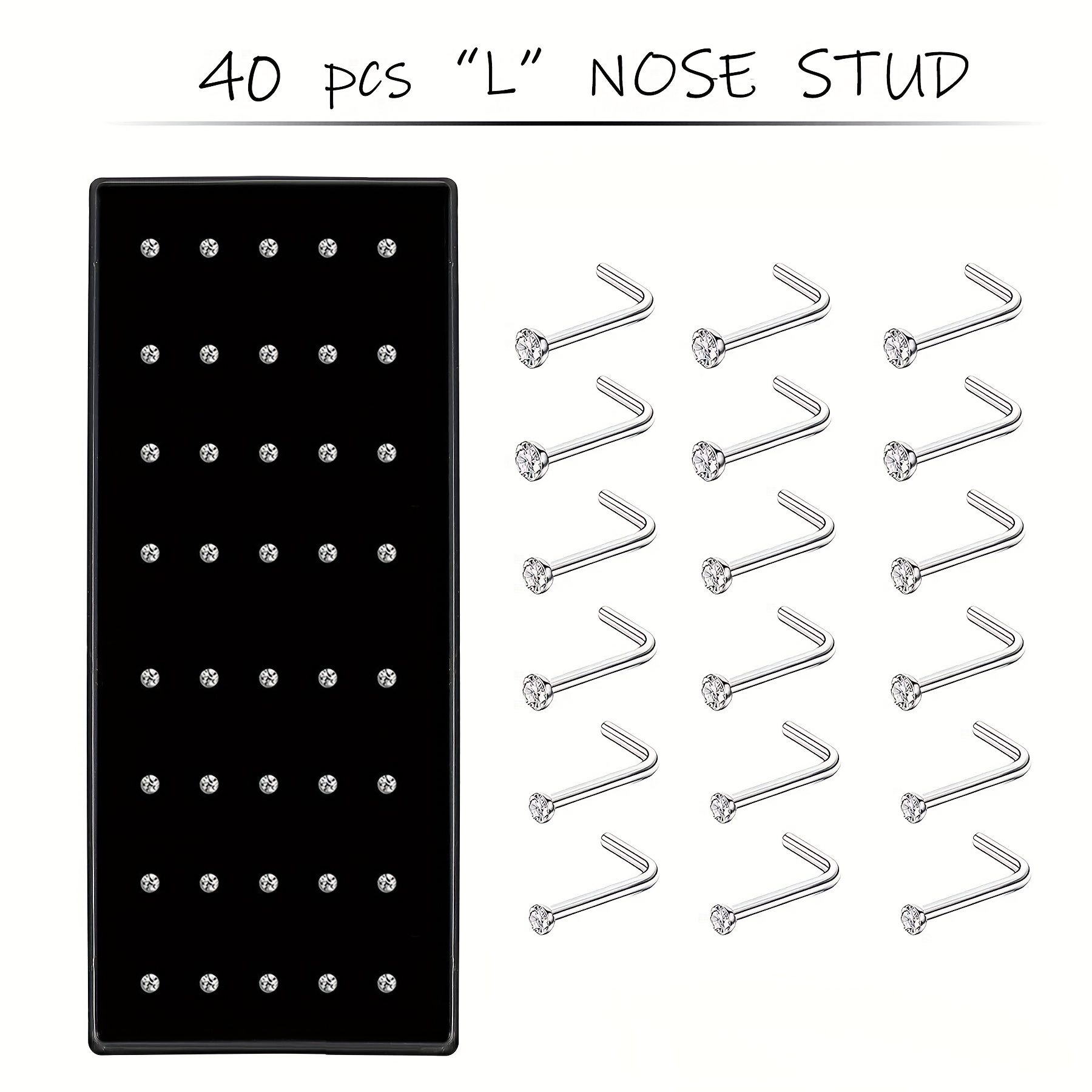 Image of 40pcs Easy Stainless Steel L-shaped Rhinestone Nose Small Nose Rings, Body Piercing Jewelry Suitable For Men And Women, Daily Wear