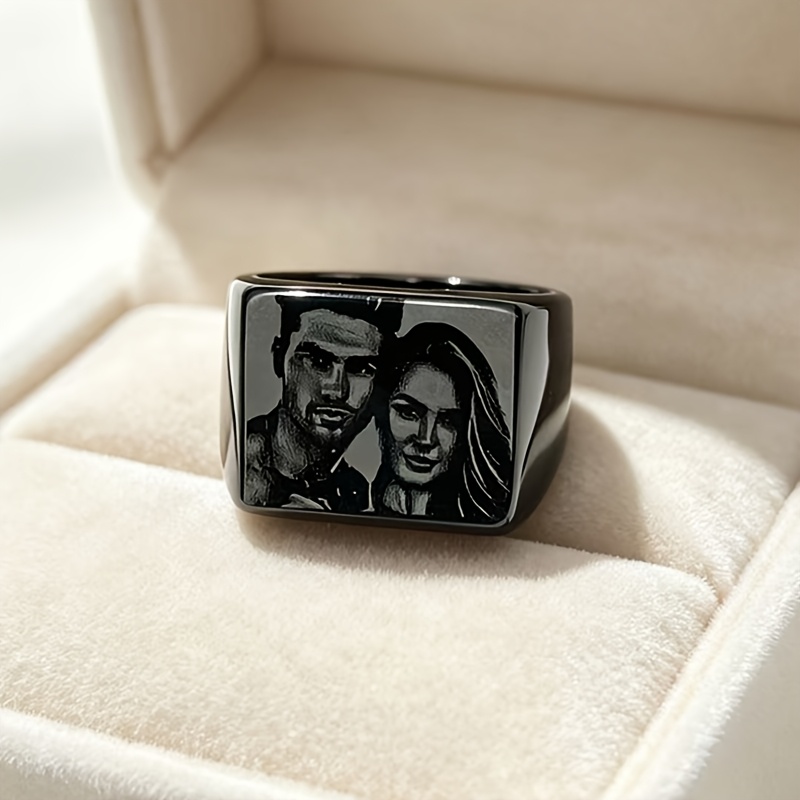 TEMU Customizable Photo Engraved Pattern Square Black Ring Matte Non Fading Titanium Stainless Steel Steel Men's Ring Anniversary Commemorative Gift