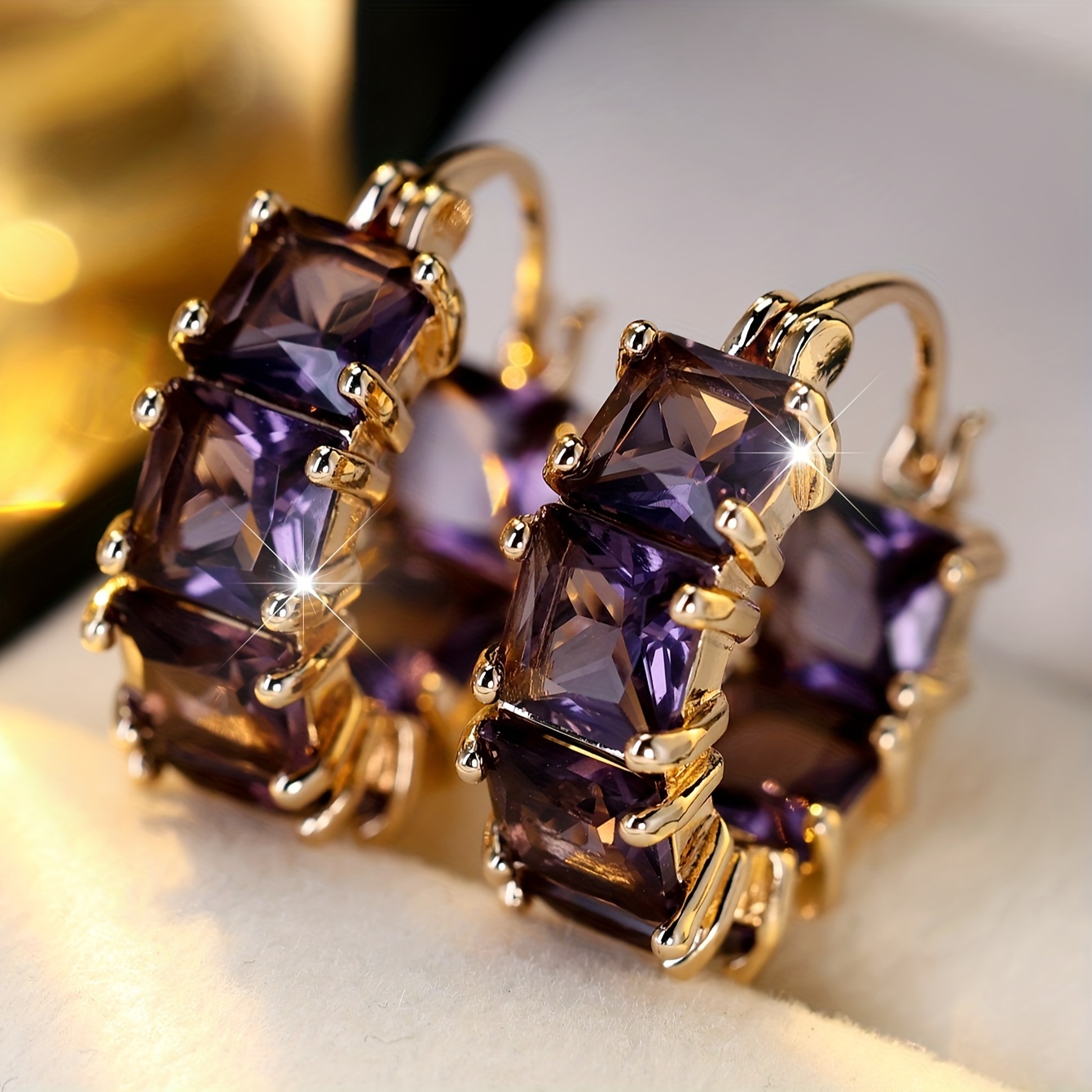 Image of 1 Pair Luxury Golden Cut Purple Stone Drop Earrings Cz Dangle Earrings Valentine's Day Halloween Christmas Gifts