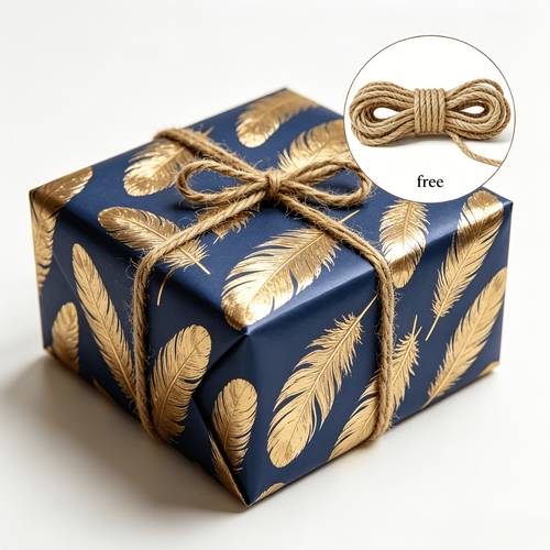 Artikelbild große rolle geschenkpapier mit marineblauem goldenem feder-muster, inklusive 3 meter juteschnur. premium elegantes blau-goldenes geschenkpapier, jede rolle misst 17 zoll x 118 zoll. für geburtstagsgeschenke, hochzeitsgeschenke farbenfrohes party-geschenkpapier