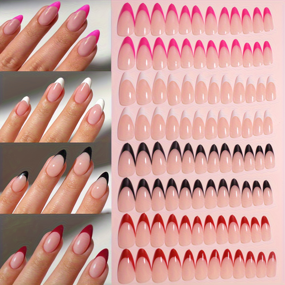 

96pcs Shaped Medium Length French Gel Fake Nails, Pink Tones, Diy Nail Art Kit For Women, , Christmas Nail Design