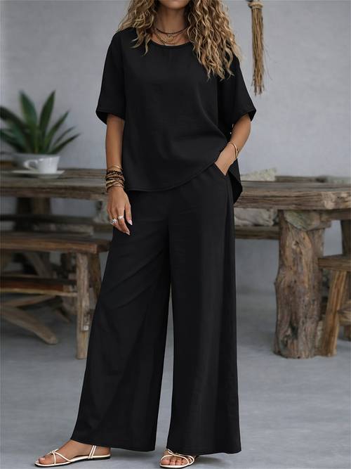 womens casual 2pcs set solid color loose short sleeve crew neck shirt top wide leg long pants