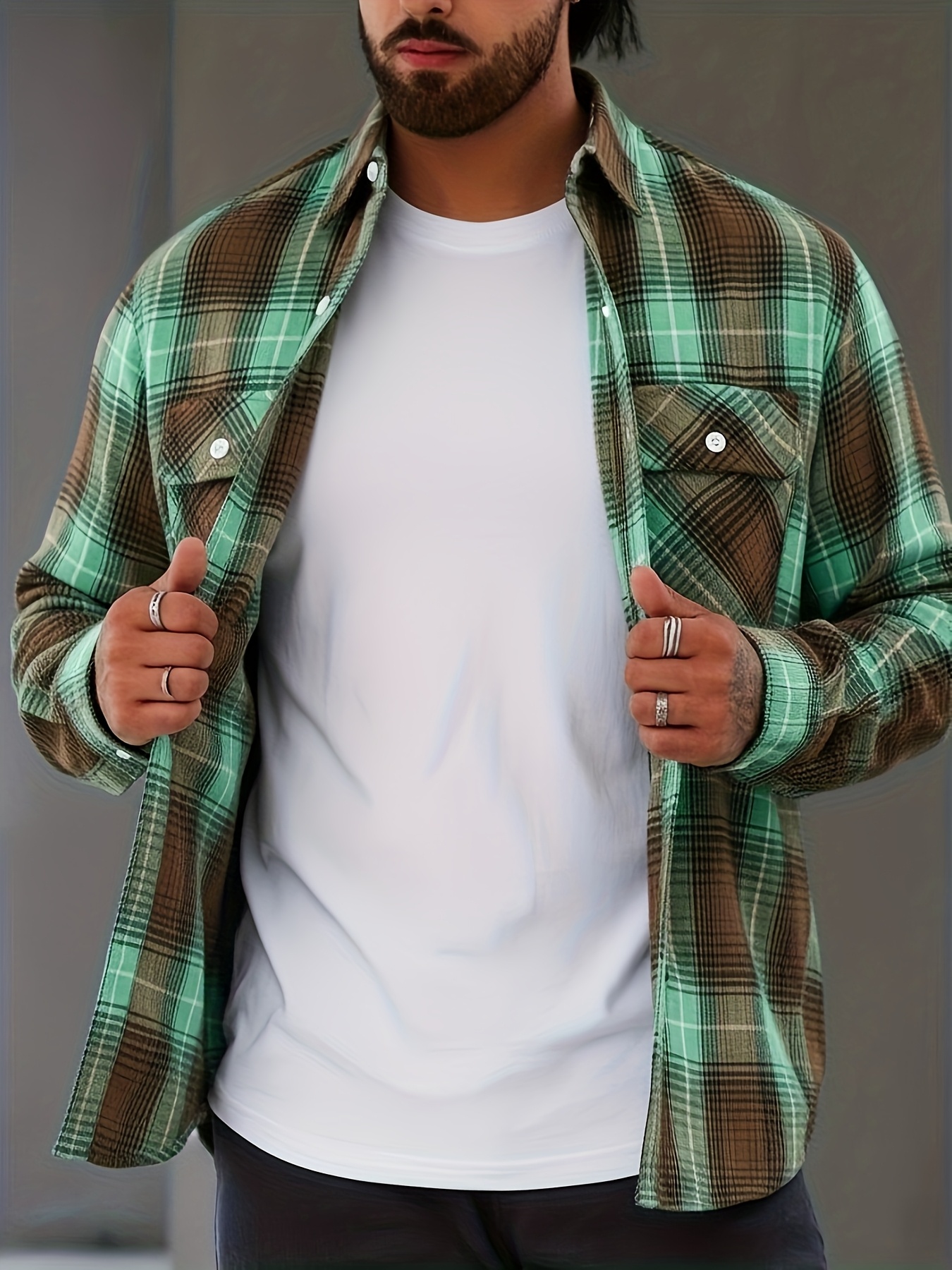Chemise à Carreaux Homme — Vintage & Décontractée Chemise Vintage à Carreaux Verts et Marron pour Homme, Style Décontracté à Poches Doubles pour Printemps/Automne, Haut Polyvalent, Design Rétro à Carreaux, Coupe Détendue, Lavage à la Main, Tissu Non Élastique, Chemise Homme, Coupe Régulière, Pour Passionnés de Vêtements de Travail, Tenue Décontractée, Taille Chinoise, Veuillez Consulter Attentivement le Guide des Tailles