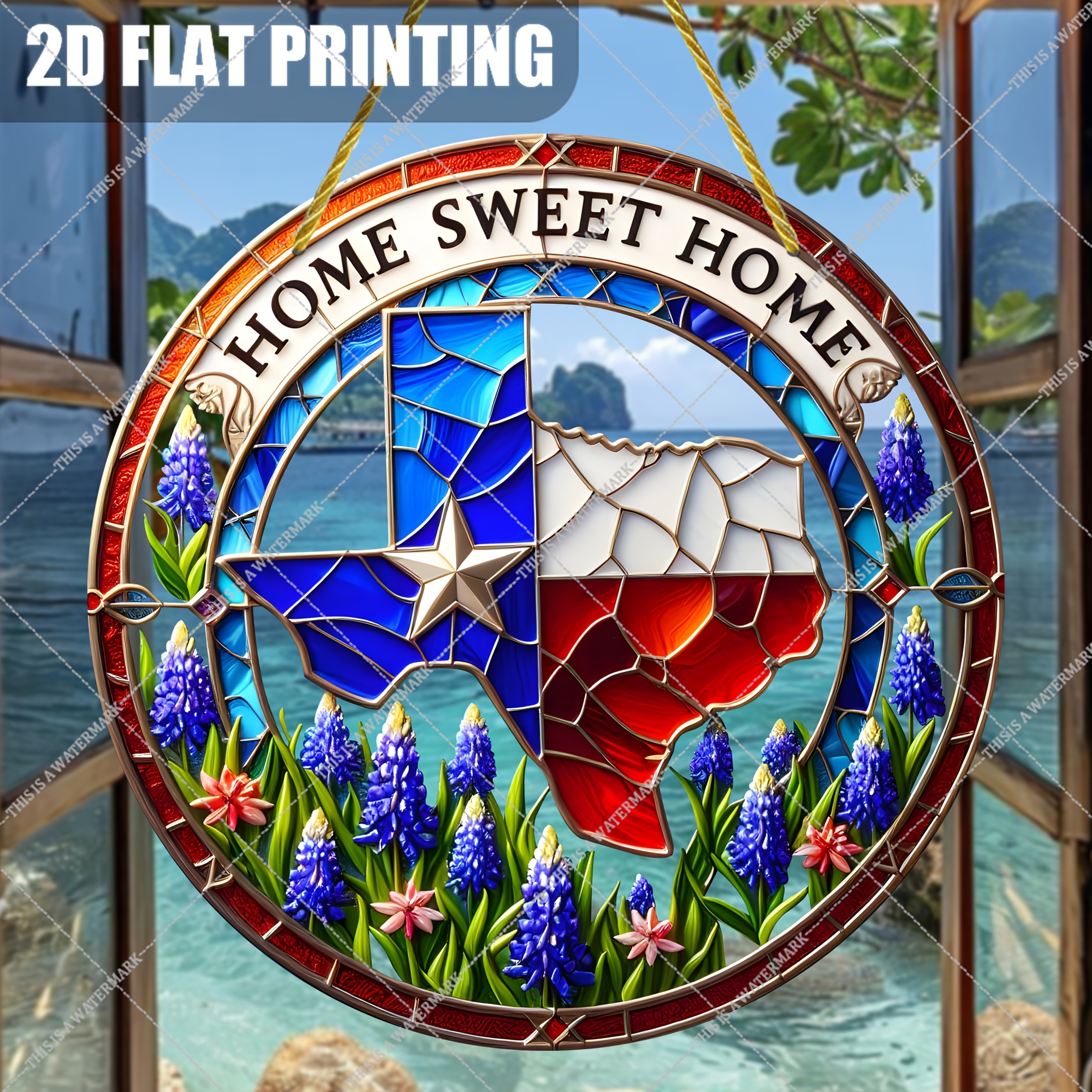 

2d Flat 1pc Texas Suncatcher, 8"x8" Round Acrylic Stained Glass-style Window Hanging, Welcome , Multipurpose For Garden, Porch, Living Room, English Text, Plastic Material, Window Mount