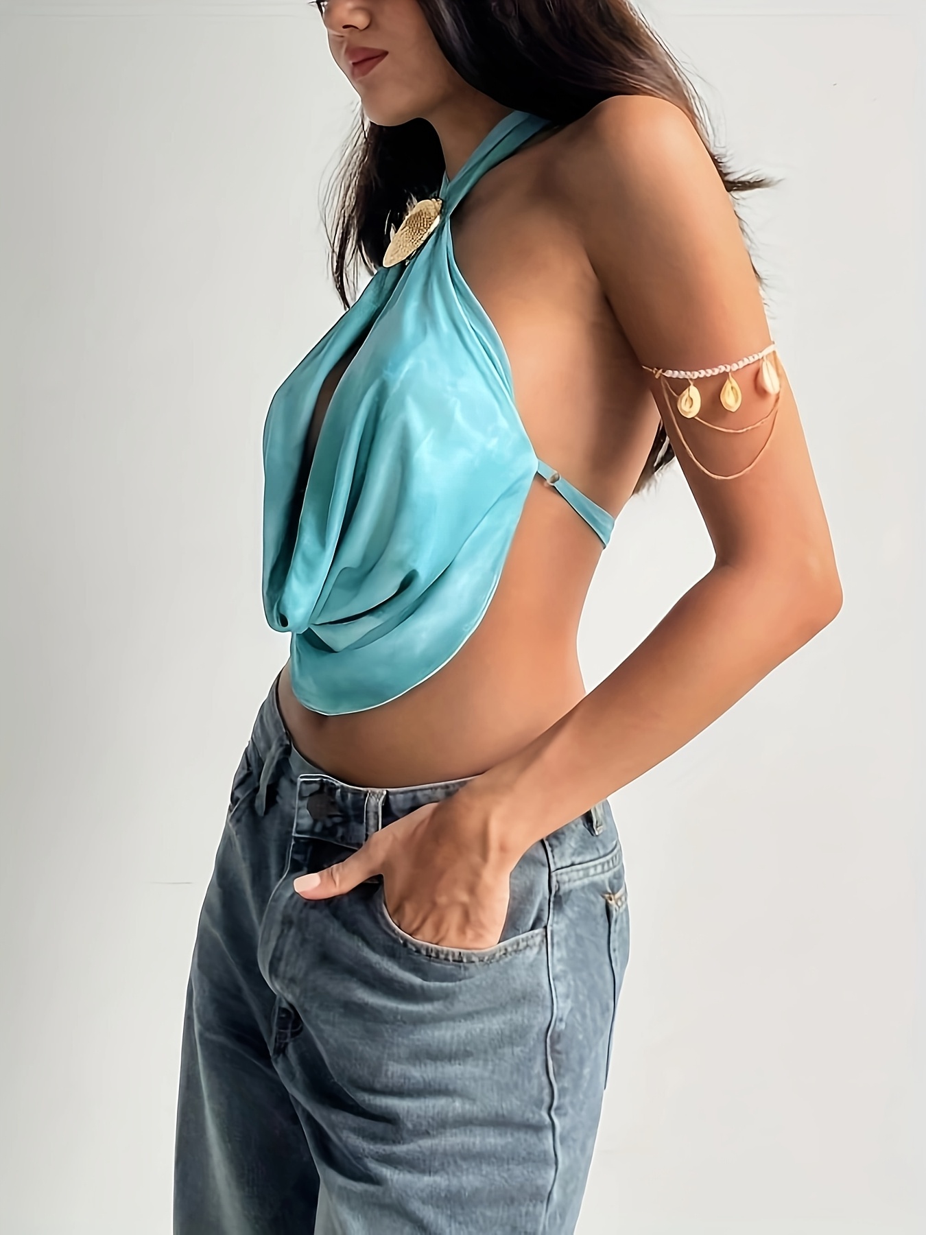 womens elegant cross wrap halter neck top open back tie - Temu