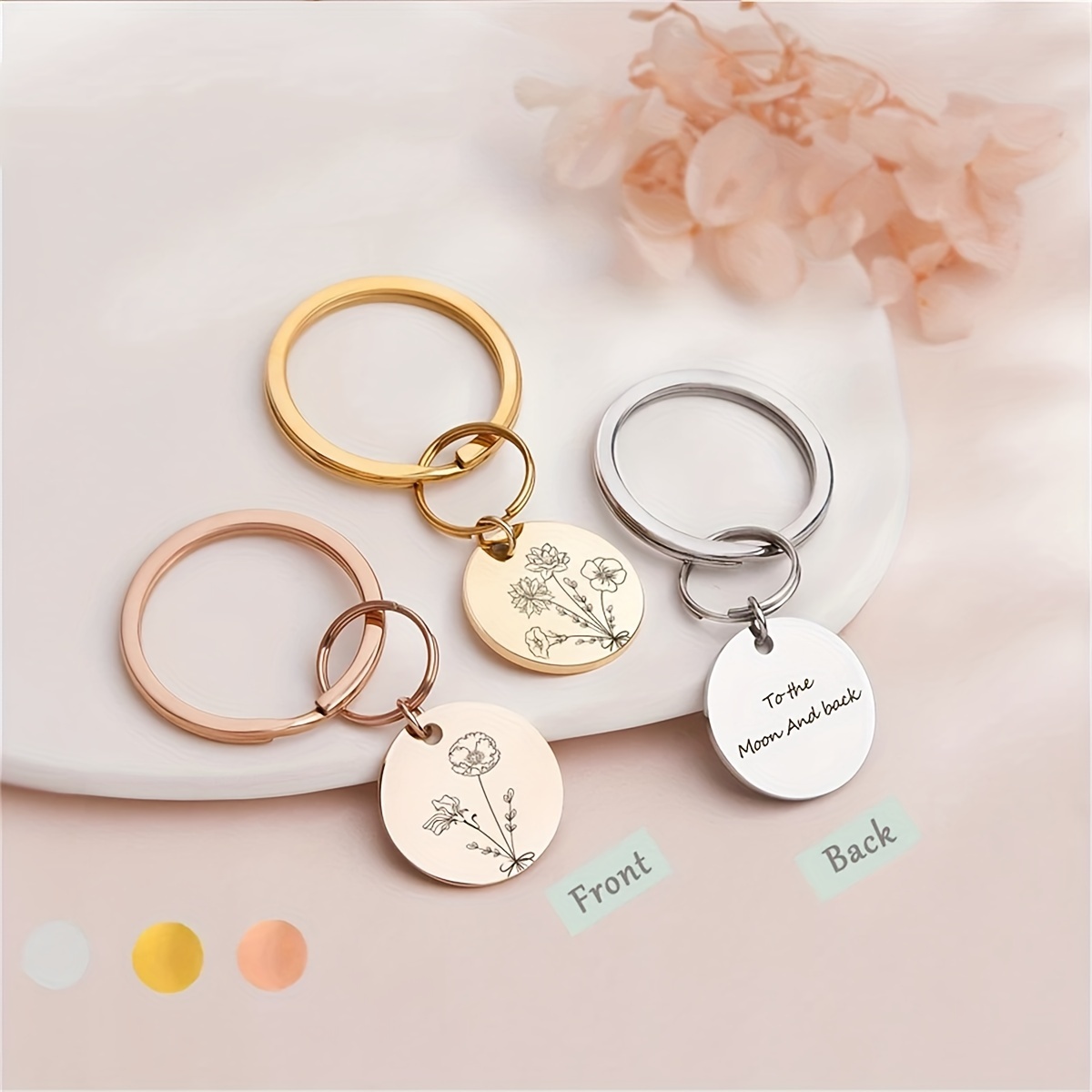 

2cm Round Birthday Flower/name Keychain, Laser Engraved Text Round Tag Keychain