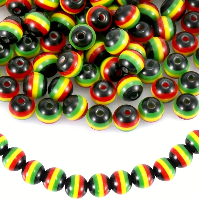 

50pcs Reggae-inspired Resin Beads - 10mm & 8mm, Black, Red, Yellow, Green Striped Spacer Beads For Crafting